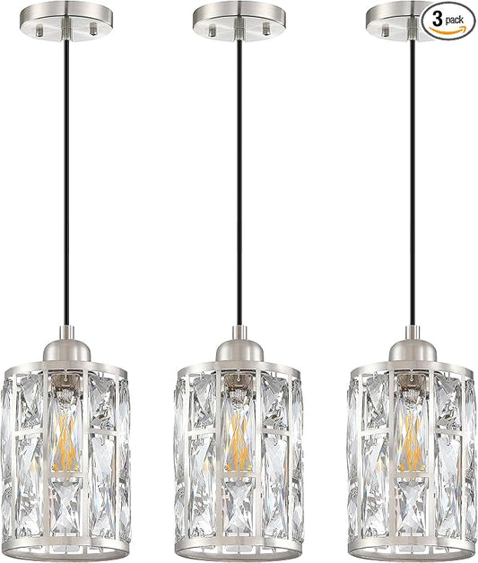 3 Pack 1 Light 5.4" Crystal Shade Hanging Kitchen Island Pendant Light Brushed Nickel Finish,Modern Pendant Fixture with Crystal Metal Shade for Bar,Dining Room,Living Room Over Sink