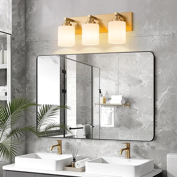 Bathroom Vanity Light Fixture, 3-Light Brushed Gold Bathroom Light Fixtures Over Mirror with Milky White Glass Shades, Modern Vanity Lights for Bathroom Living Room Hallway (Bulbs Not Included)