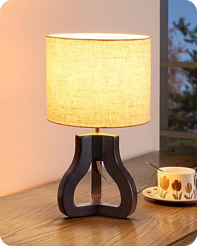 EDISHINE 14.6" Small Table Lamp, Walnut Wood Tripod Nightstand Lamp for Bedroom, Beige Linen Shade, Cute Bedside Lamp for Living Room, Bedroom, On-Off Line Switch, E26 Base(Bulb Not Included)