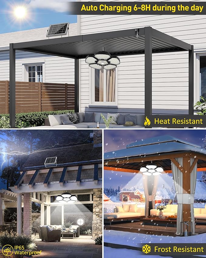 T-SUN Solar Shed Light Indoor Outdoor, 1200LM 156LED Motion Sensor Pendant Light with 5 Lighting Modes & Remote, Daytime Available Waterproof Indoor Light for Shed Barn Gazebo Shop Garage