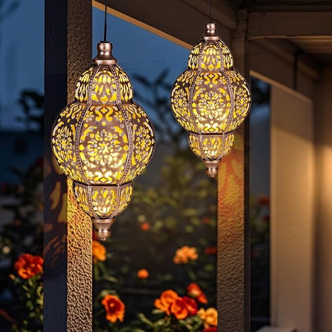 Solar Lanterns,Outdoor Garden Decor Solar Lantern Metal Moroccan Chandelier Gardening Decorative,Outside Hanging Lights Christmas Decorations for Gazebo Patio Yard Tree Ornaments Mother’s Day Gifts