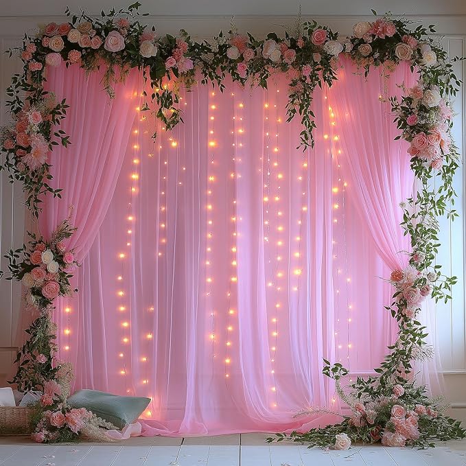 10x10ft Pink Tulle Backdrop Curtain with Lights String Sheer Drapes for Baby Shower for Girls, Bridal Shower, Birthday, Photo Booth, Party, Home Decor (2 Panels, Pink)