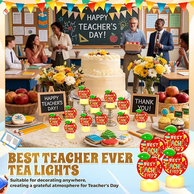 Handepo 15 Pcs Teachers Appreciation Tea Lights Gift Best Teacher Ever Flameless Candle Apple Shaped LED Battery Operated Office Table Decor for Thank You Teachers Women Men Tutor Back to School