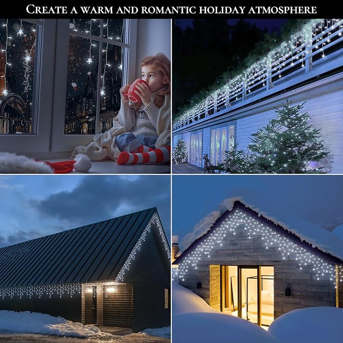 oopswow 16.5FT 200 LED Icicle Lights Outdoor, White Icicle Curtain Light,40 Drops 8 Modes with Timer Star Light,Hanging String Lights for Backdrop,Wedding,Party, Holiday,Xmas Decor,White