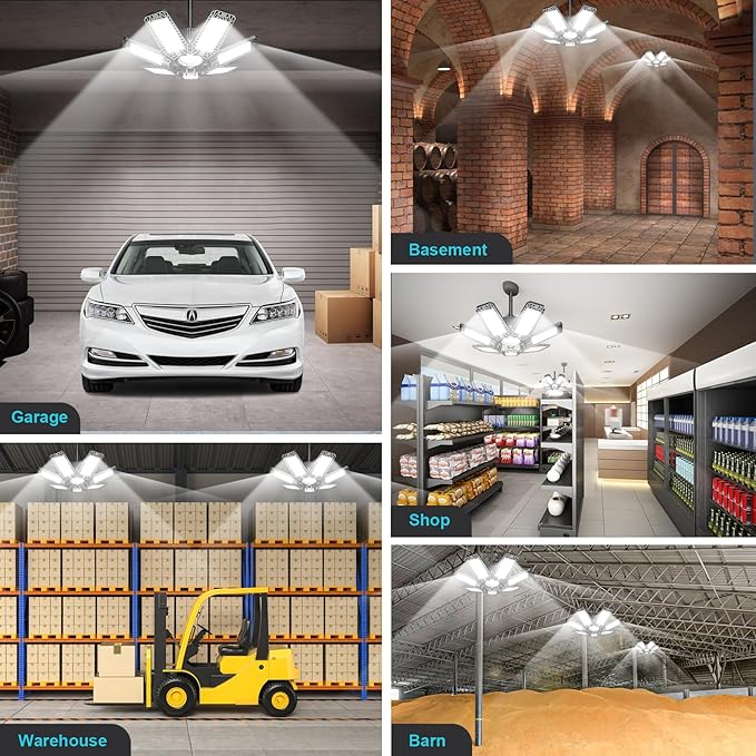 LED Garage Light 2 Pack - 200W 20000LM 6500K LED Garage Ceiling Lights with 7+1 Adjustable Panels, Shop Lights Screw in E26 E27 Bulb Socket for Workshop, Storage Room, Basement, Warehouse