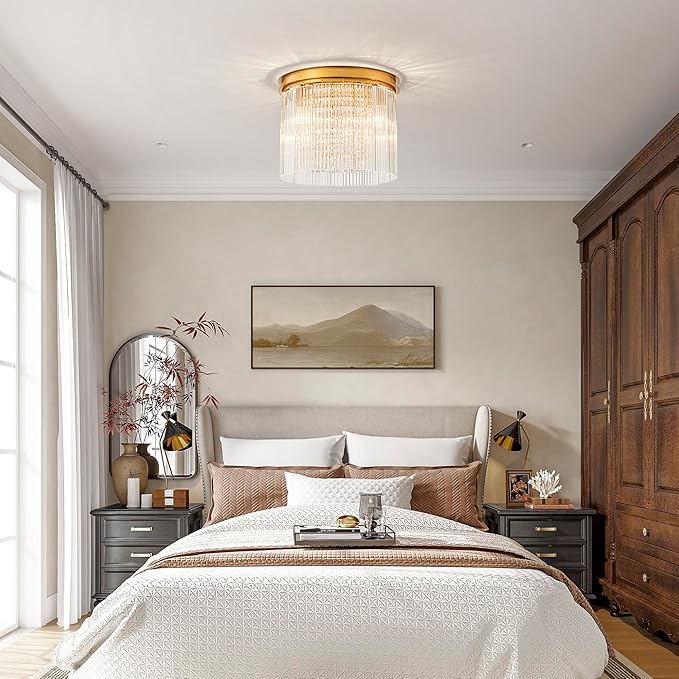 3-Light Drum Ripple Glass Ceiling Lights, Modern Style Flushmount Light Fixture for Kitchen, Bedroom, D12 * H10 inch, Ripple Glass Shade & Brass Finish Canopy