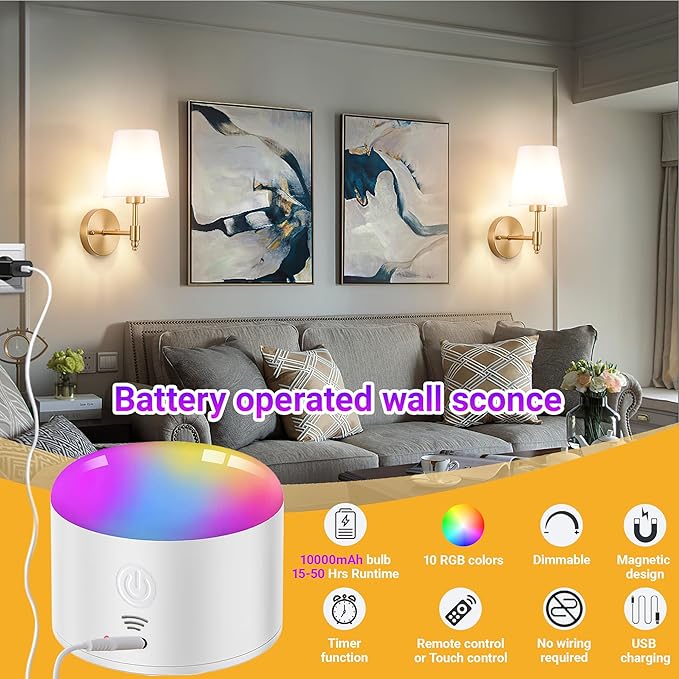 YHCDLAMP Battery Operated Wall Sconces Set of Two, Rechargeable Wireless Wall Lights with 10000mAh RGB Dimmable Detachable Bulb, Battery Sconces Wall Decor with Remote for Bedroom Living Room Hallway
