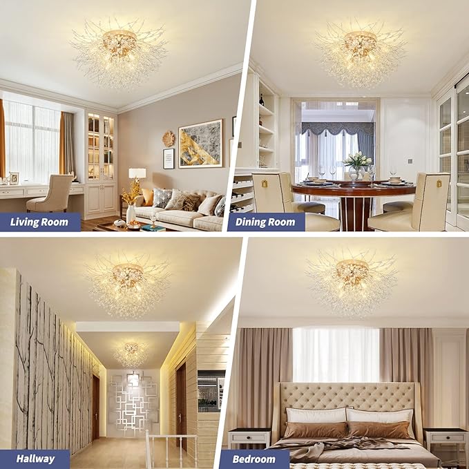 CM MZY Sputnik Flush Mount Ceiling Light Fixtures, Modern Gold Crystal Firework Chandelier, 8-Light Close to Ceiling Lighting Fixtures for Bedroom Kitchen Hallway Entryway(H11.8'' x W21.5'')