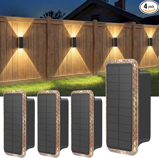 vighep Solar Fence Lights Outdoor 4 Pack, 5CCT(3000K-6000K) Up and Down Solar Wall Lights, IP65 Waterproof Dusk to Dawn Fence Lights Solar Powered for Patio, Porch, Backyard, Garage, Wall Decor
