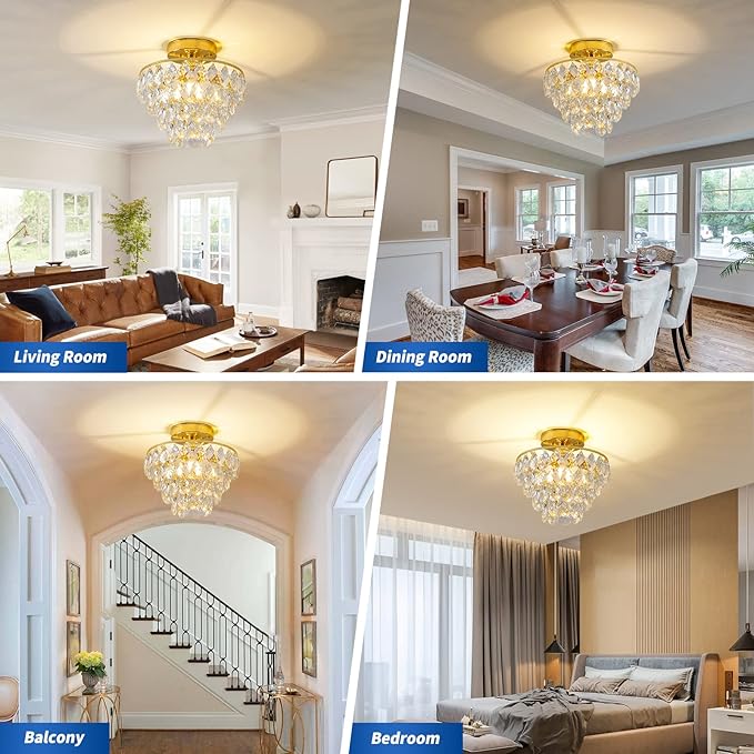 CM MZY Modern Gold Crystal Chandeliers, Mini Flush Mount Ceiling Light Fixture, Close to Ceiling Lamp Fixture for Hallway Bedroom Bathroom Closet Kitchen Foyer