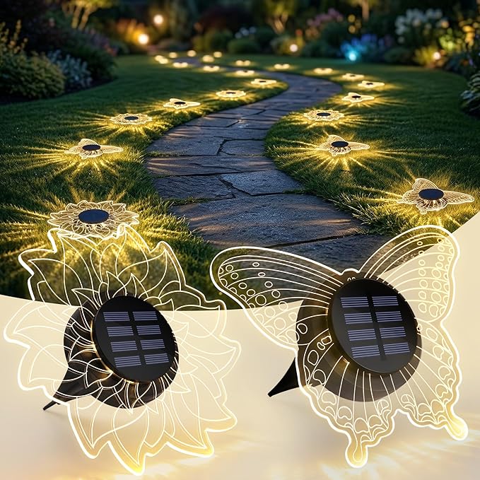 Brizled Solar Pathway Lights, 2 Pack Acrylic Butterfly & Flower Solar Lights Outdoor, LED Ground Light Warm White Garden Light Landscape Lighting Waterproof for Garden Yard Lawn Pathway Driveway Decor