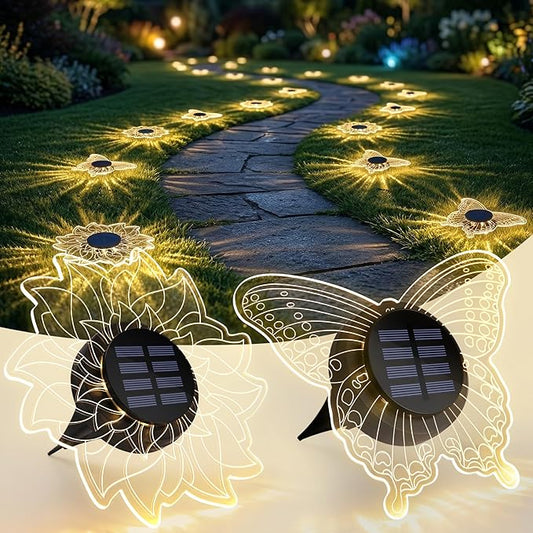 Brizled Solar Pathway Lights, 2 Pack Acrylic Butterfly & Flower Solar Lights Outdoor, LED Ground Light Warm White Garden Light Landscape Lighting Waterproof for Garden Yard Lawn Pathway Driveway Decor
