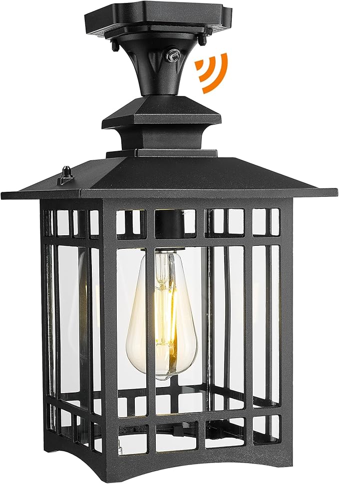 Emliviar Dusk to Dawn Black Semi Flush Mount Ceiling Light for House Entryway, Waterproof 15.4" Outdoor Close to Ceiling Lamp, Clear Glass, 100 Max, XE309F-M-PC BK