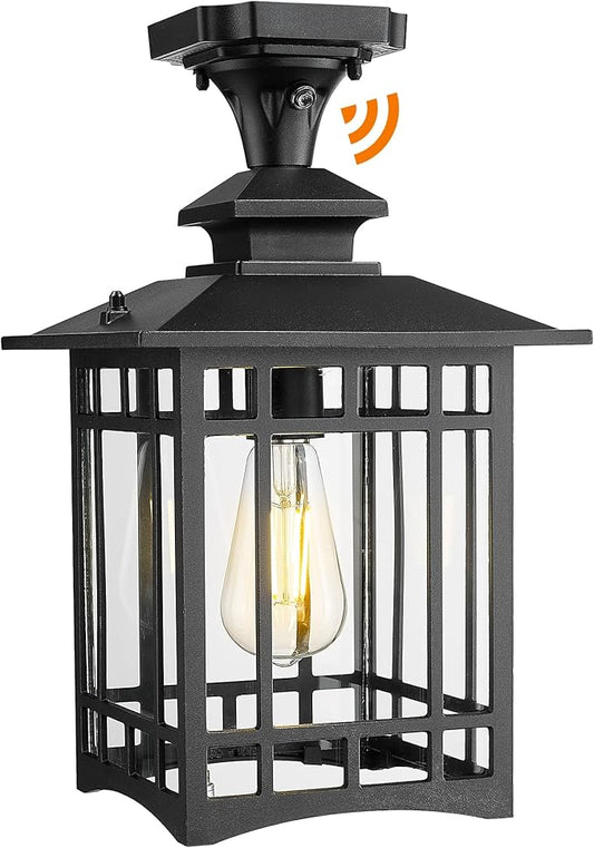 Emliviar Dusk to Dawn Black Semi Flush Mount Ceiling Light for House Entryway, Waterproof 15.4" Outdoor Close to Ceiling Lamp, Clear Glass, 100 Max, XE309F-M-PC BK