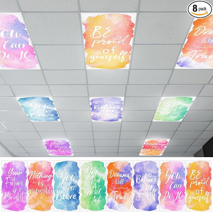 QOUBAI 8 Pcs Fluorescent Light Covers, 4x2 Feet Magnetic Light Cover Fluorescent Lights Shade Panel Positive Inspirational Ceiling Lights Filters for Office Classroom Home Drop Ceiling Watercolor