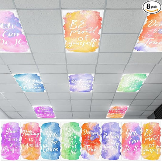 QOUBAI 8 Pcs Fluorescent Light Covers, 4x2 Feet Magnetic Light Cover Fluorescent Lights Shade Panel Positive Inspirational Ceiling Lights Filters for Office Classroom Home Drop Ceiling Watercolor