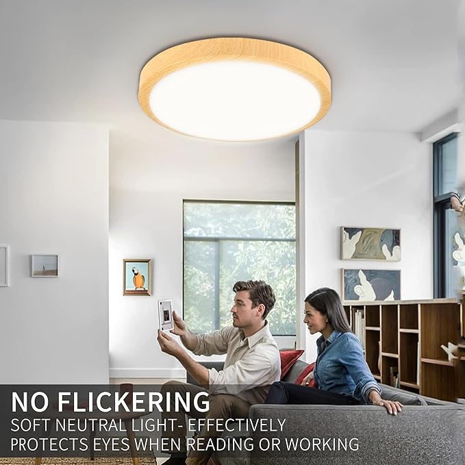 Modern Dimmable Wood Flush Mount Ceiling Light, 3500K-6500K 3CCT Round Close to Ceiling Lighting Fixtures, Minimalist LED Ceiling Lamp for Bedroom, Kitchen, Hallway, Laundry Room-8inch