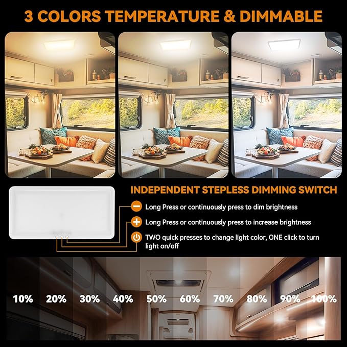 RVZONE RV Lights Interior 12V Super Size 16.1" x 8", 3 Color 360 LEDs Dimmable RV LED Lights Ceiling Dome Light 2200LM RV LED Fixture Warm Cold Natural Light for Car/RV/Trailer/Camper/Boat