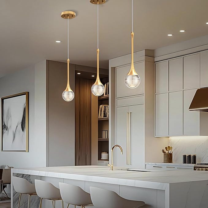 1-Pendant Lights Kitchen Island,Crystal Gold Globe LED Chandelier, Modern Dimmable Adjustable Height Hanging Light Fixture,Sloped Ceiling,Bedroom,Dining Room