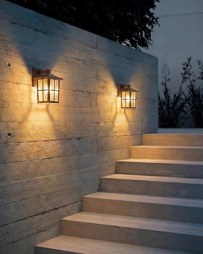 KDG Outdoor Waterproof Patio Wall Light Fixtures Set of 2, Brown E26 Socket Exterior Lanterns with Tempered Glass, Modern Wall Mounted Lamp Suitable for Home, Front Door, Garden, Garage, Porch