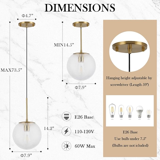Glass Globe Pendant Light Fixtures, Mid Century Modern Ceiling Hanging Lights with Height Adjustable, Brass Gold Pendant Lighting for Kitchen Island, Hallway, Dining Room, Living Room (2 Pack)