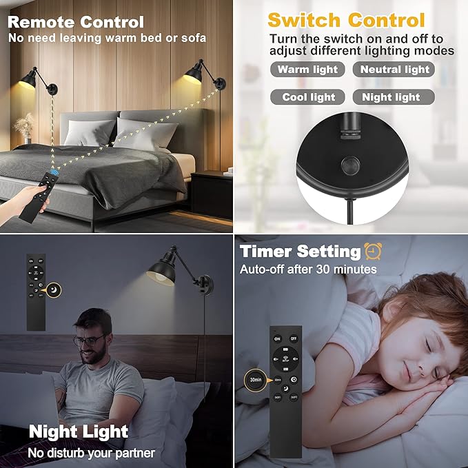 Plug in Wall Sconces Set of Two with Remote, Stepless Dimming & Stepless Colors 2700K-6500K, Swing Arm Wall Lamp, Plug in Wall Light with Night Light & Timer, Hardwired or Plug-in, LED Bulbs Included