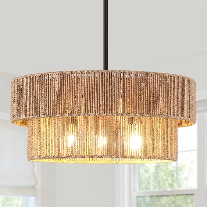 ZGKUYDBrown Boho Woven Rattan Chandelier, Adjustable Black Rod 2-Tier Drum Hanging Light, Brown Pendant Light for Dining Room/Kitchen Island