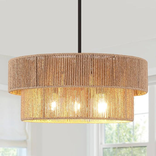 ZGKUYDBrown Boho Woven Rattan Chandelier, Adjustable Black Rod 2-Tier Drum Hanging Light, Brown Pendant Light for Dining Room/Kitchen Island