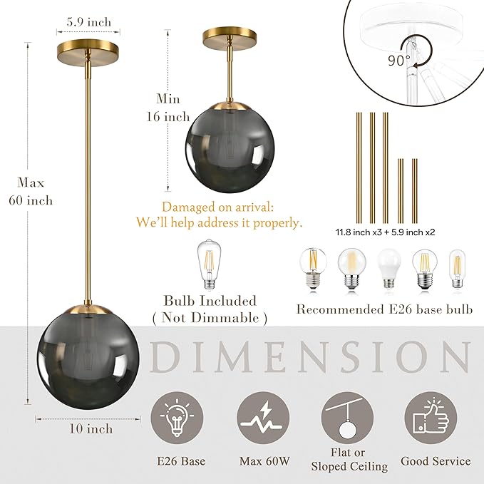Bagood 10 Inch Globe Pendant Light Gold Globe Pendant Lights Kitchen Island Mid Century Light Fixture with Gray Clear Glass Contemporary Adjustable Hanging Lights for Dining Room (Bulb Included)