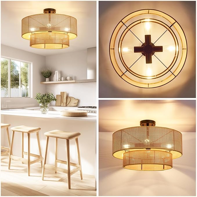 Hamilyeah 20 inch Boho Flush Mount Ceiling Light Fixture Double Layer, Drum Light Fixture Ceiling Mount with Wicker Shade, Bamboo Woven Rattan Lights Ceiling for Living Room, Bedroom, Dinning Room