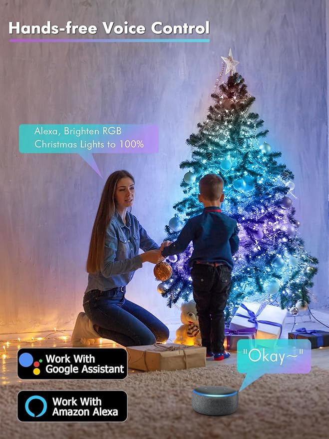 BrizLabs Smart Fairy String Lights, 66ft 200 LED WiFi 4th of July Fairy Lights App Control, Dimmable Red White Blue Light Rainbow Christmas Light, Music RGB Xmas Lighting Work with Alexa & Google Home