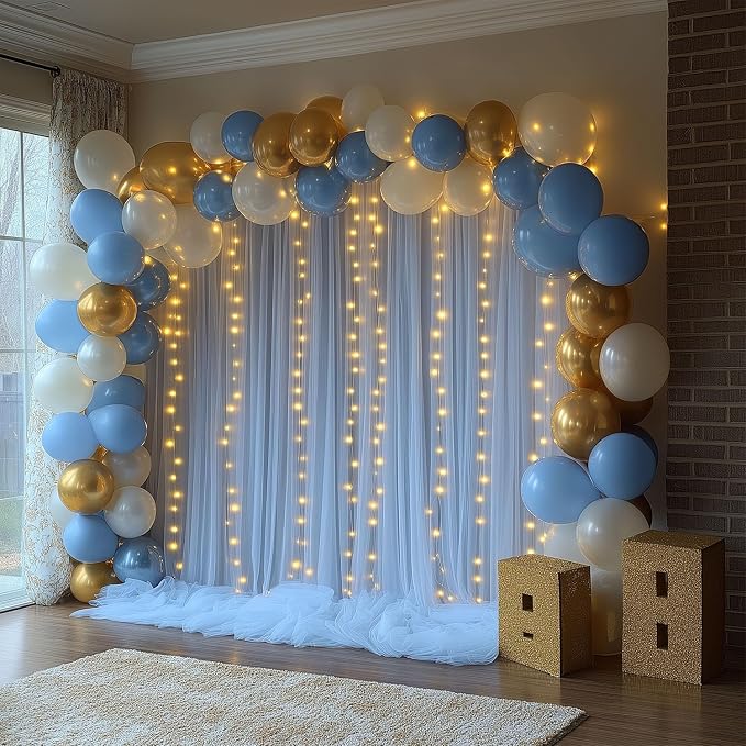 10x10ft Baby Blue Tulle Backdrop Curtain with Lights String Sheer Drapes for Baby Shower Decorations for Boy, Bridal Shower, Photo Booth, Birthday Party Decor(2 Panels)