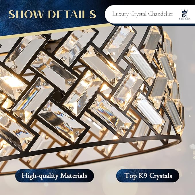 Black Crystal Pendant Light Farmhouse 4-Light, 12" Round Modern Semi Flush Mount Chandelier Ceiling Light for Kitchen Island, Dining Room, Bedroom, Hallway, Foyer