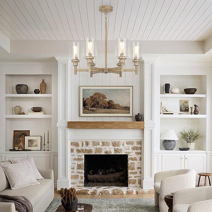 6 Light Farmhouse Chandeliers for Dining Room | Rustic Dining Room Light Fixtures Over Table | Fake Wood Hanging Lighting with Clear Glass Cover for Living Room | Kitchen Island | Entryway | Bathroom
