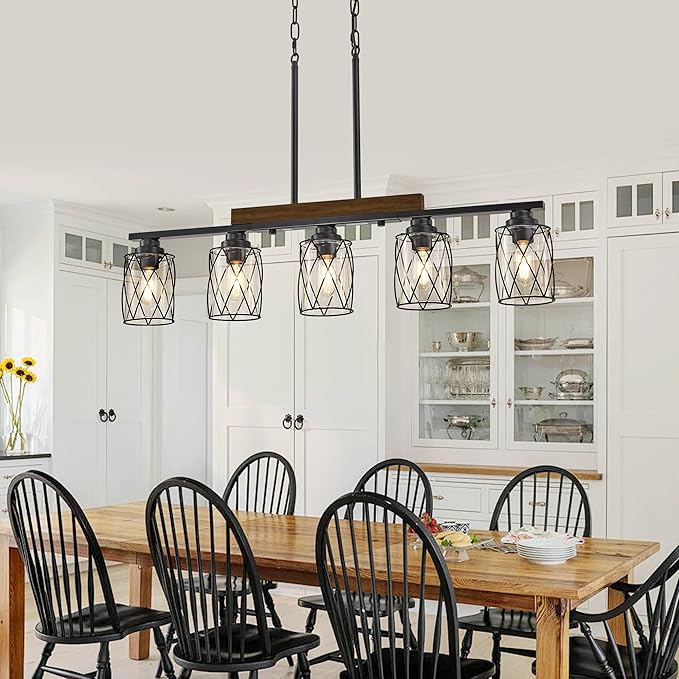 5-Light Dining Room Light Fixture/Chandelier Over Table, Island Lighting Hanging for Farmhouse Linear Chandeliers Matte Black Rustic Wood Ceiling Pendant Light Fixtures, with Clear Glass Shade