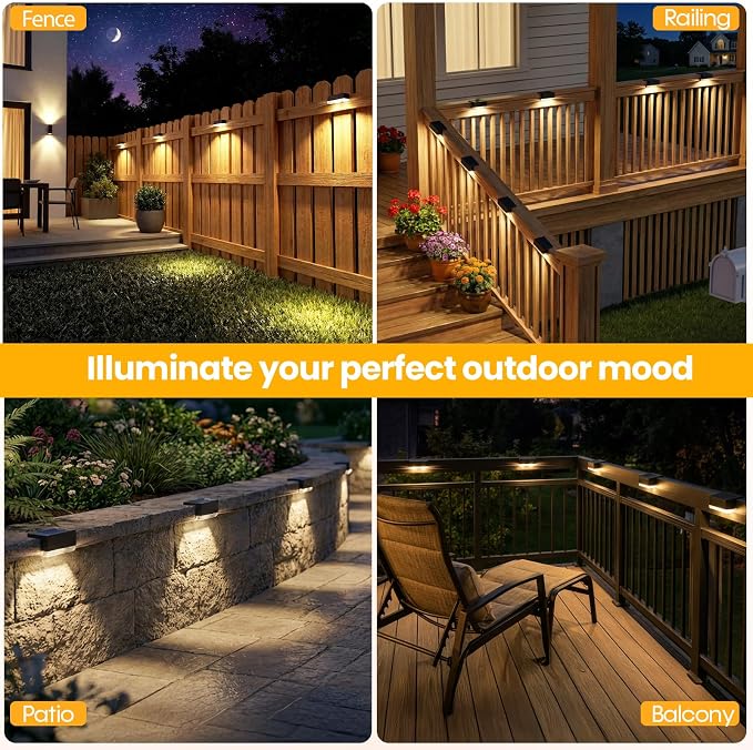 JOFIOS Solar Deck Lights 8 Pack, 3 Color Modes Soft Warm/Natural/Cool Glow, IP65 Waterproof Step Lights for Outdoor Ambiance, Solar Lights for Fence, Deck, Railing, Patio & Backyard Decor (Black)