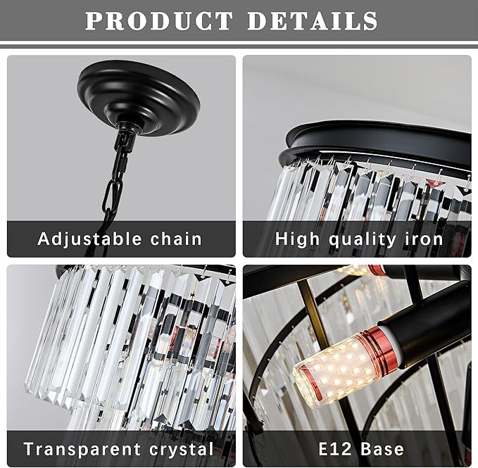 Modern Crystal Chandelier Lights 22.8" 10-Light K9 Crystal Pendant Light 4-Tier Black Luxury Crystal Hanging Dining Room Light Fixture for Living Room Kitchen Bedroom Stairway Office Foyer