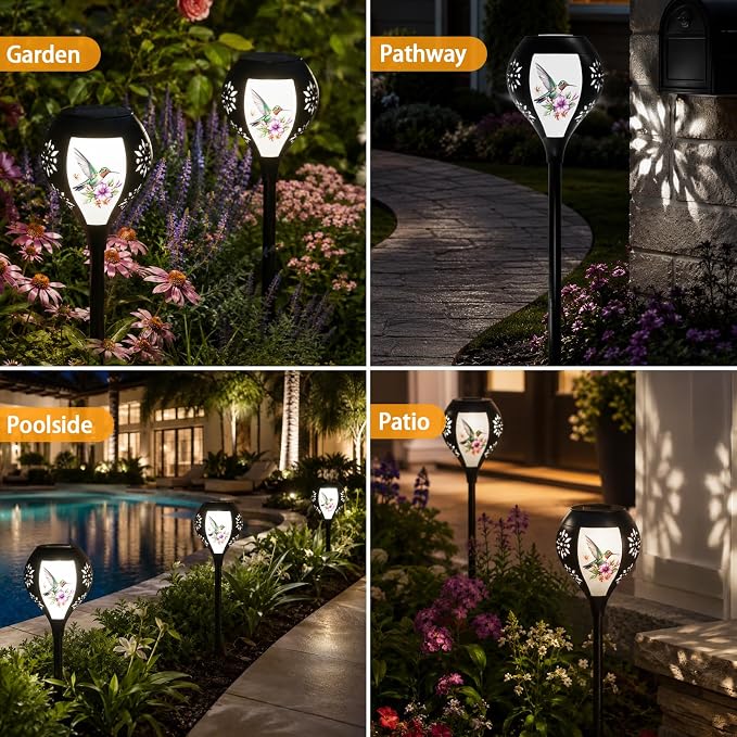 Solar Lights Outdoor Waterproof, Solar Pathway Lights Decorative with Dual Power-Solar/Battery, Solar Garden Lights Hummingbird Pattern Stakes Lighting for Outside Decor, Yard, Patio, Landscape, Lawn