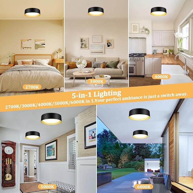 2-Pack Flush Mount Ceiling Lights, 25W LED Ceiling Light Fixtures 300W Equivalent 2600LM 5CCT Adjustable Modern Black and Gold Flush Mount Dimmable Ceiling Lamps for Bathroom Hallway Bedroom
