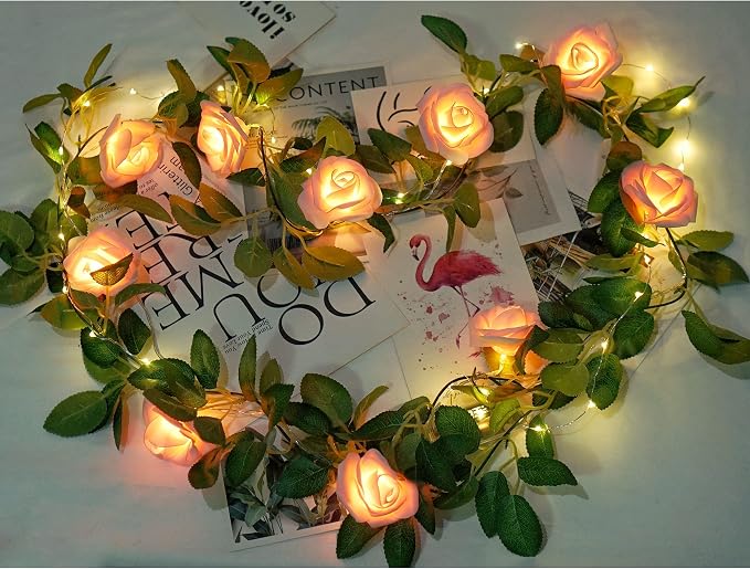 Rose Vine Lights with Remote, Battery or USB Operated Artificial Flower Garland, Hanging Fairy Lights for Bedroom Headboard, Valentine‘s Day, Wedding, Romantic Party Décor (Pink, 6.6)