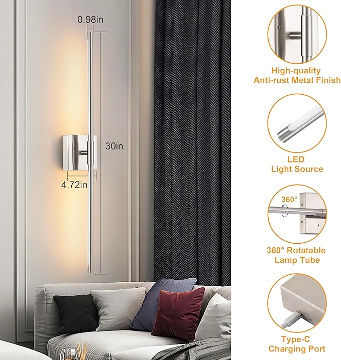 Morauroral Battery Operated Wall Sconces Set of 2, Dimmable Battery Wall Sconce with Remote Control, Sand-Nickel LED Rechargeable Sconces, 30 Inch Modern Wireless Wall Lights for Bedroom, Living Room