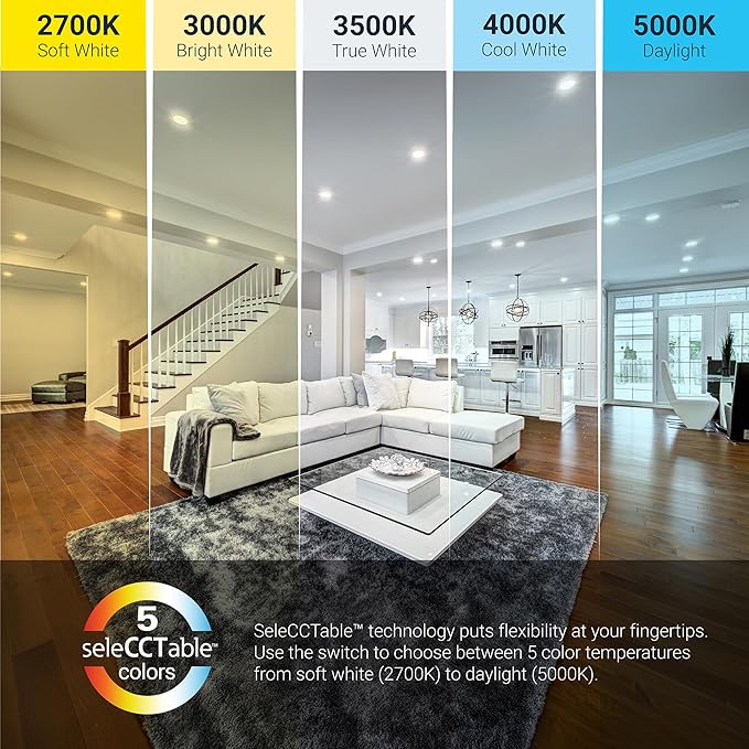 HALO HLBT 4 Pack 6 in Slim LED Recessed Light Trim with Selectable Color Temperature 2700K, 3000K, 3500K, 4000K, 5000K Dimmable Wet Location Indoor Outdoor New Construction Remodel - HLBT609FS5-4PK