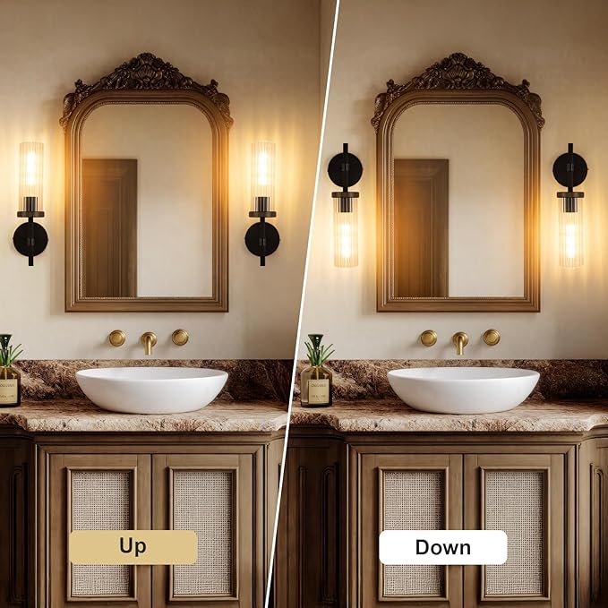 15" Knurled Brass Wall Sconces Set of 2, Black Gold Bathroom Vanity Light Fixtures with Vertical Striped Glass Tube, Modern Lamp Lighting for Bedroom, Living Room, Hallway, Staircase, Mirror, Kitchen