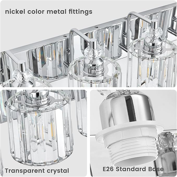 5-Light Modern Bathroom Light Fixture Chrome Bathroom Vanity Lights Over Mirror Wall Sconce Lighting with K9 Crystal Shades E26 Base for Bedroom, Living Room, Hallway Wall Lamp