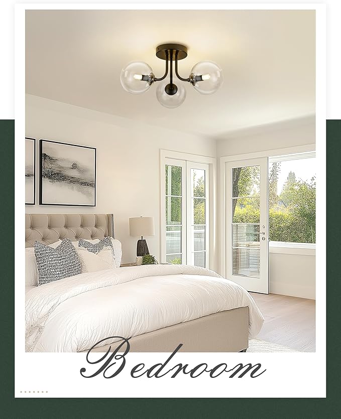 3-Globe Black Flush Mount Ceiling Light in a Modern Farmhouse Design is Ideal for Living Rooms, Matte