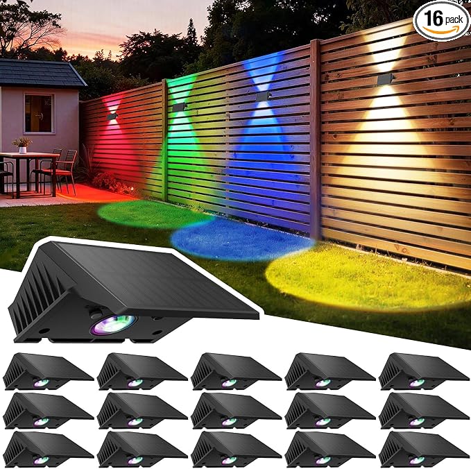 Solar Fence Lights Outdoor, 16 Pack Solar Up Down Wall Lights for Outside, IP67 Fence Lights Solar Powered Dusk to Dawn Auto-Work for Patio Garden Backyard Porch Deck Pathway Step (White&RGB)