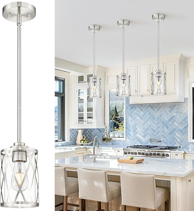 Beionxii Brushed Nickel Pendant Lights Kitchen Island, Glass Pendant Light Fixtures with Clear Glass and Rods, Kitchen Pendant Lighting Over Island for Sink, Dining Room, Entryway, BX-PL07BN