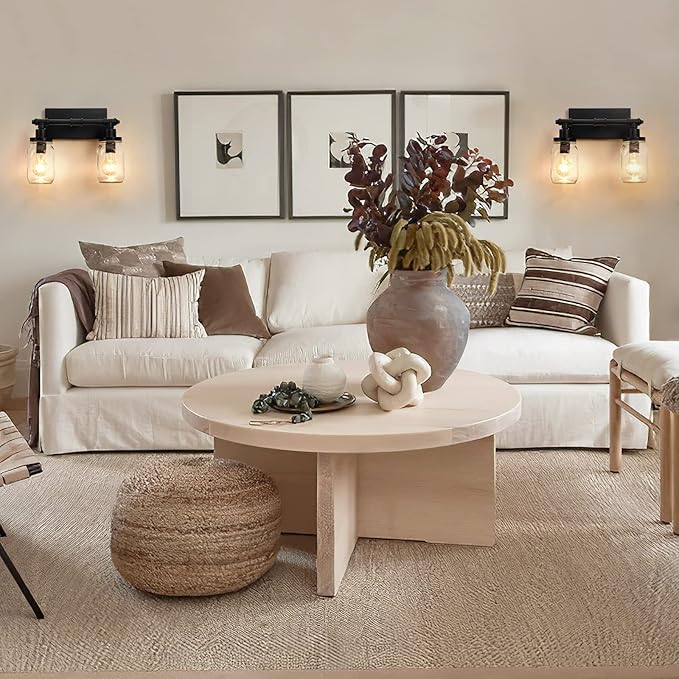 2 Light Bathroom Vanity Light Black Bathroom Light Fixture, Industrial Farmhouse Wall Sconce with Glass Shades, Mason Jar Vanity Light Fixture, Pipe Wall Lamp for Mirror Bedroom Hallway Living Room