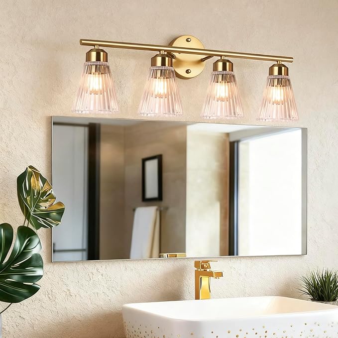 4-Light Bathroom Vanity Light, Brushed Gold Bathroom Light Fixtures Over Mirror with Stripe Glass, Modern Wall Lamp, Wall Sconces Lighting for Living Room Bedroom Kitchen Hallway