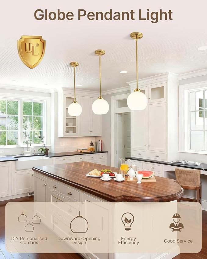 Majade Globe Pendant Lights Kitchen Island Pendant Light Fixtures 7.4 Inch Gold Mid Century Modern Brushed Brass Pendant Lighting with Milk Glass Adjustable Hanging Light Fixtures for Dining Room